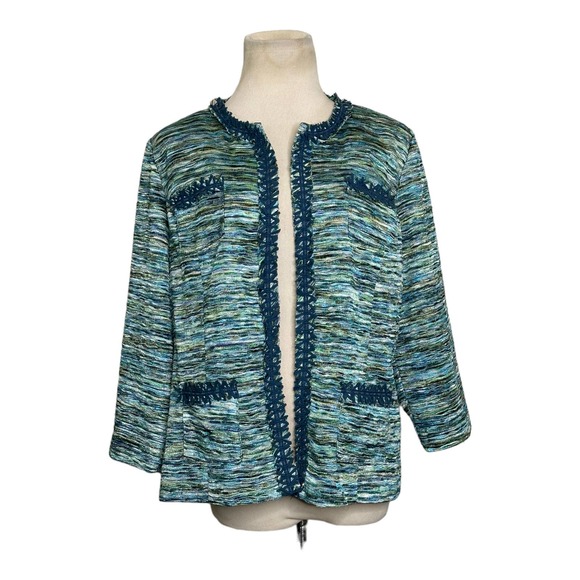 Chico's Green Tweet Open Front Pockets Lined Fringe Trim Blazer Jacket size 1- M - Picture 9 of 9